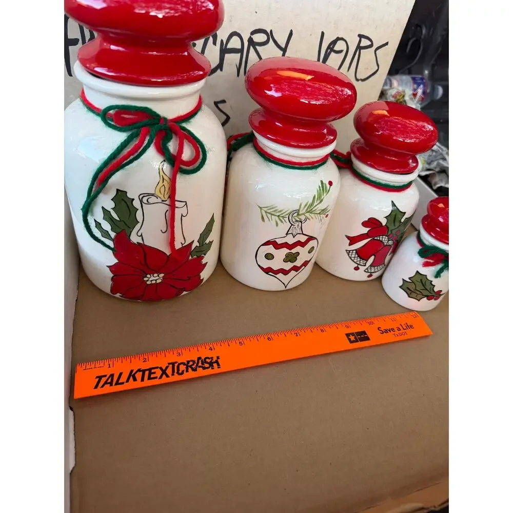 Christmas Canister Set Ceramic Holiday Jars  Lid Poinsettia Holly Decor Set of 4